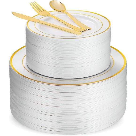 125 Piece Gold Dinnerware Party Set-50 Gold Rim Plastic Plates, 25 Dinner Plates - Picture 5 of 6